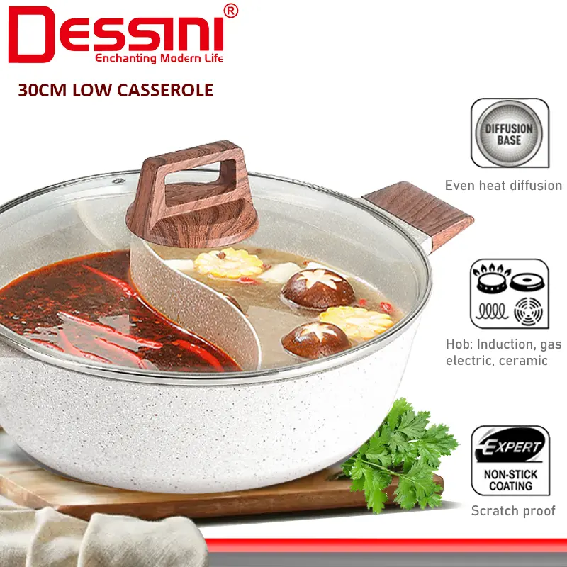 Dessini Italy 30Cm Euro Maifan Stone Casserole Induction Double Flavor Divider Hot Pot Steamboat Bowl Pan Cookware Periuk Eub-30-2F 1