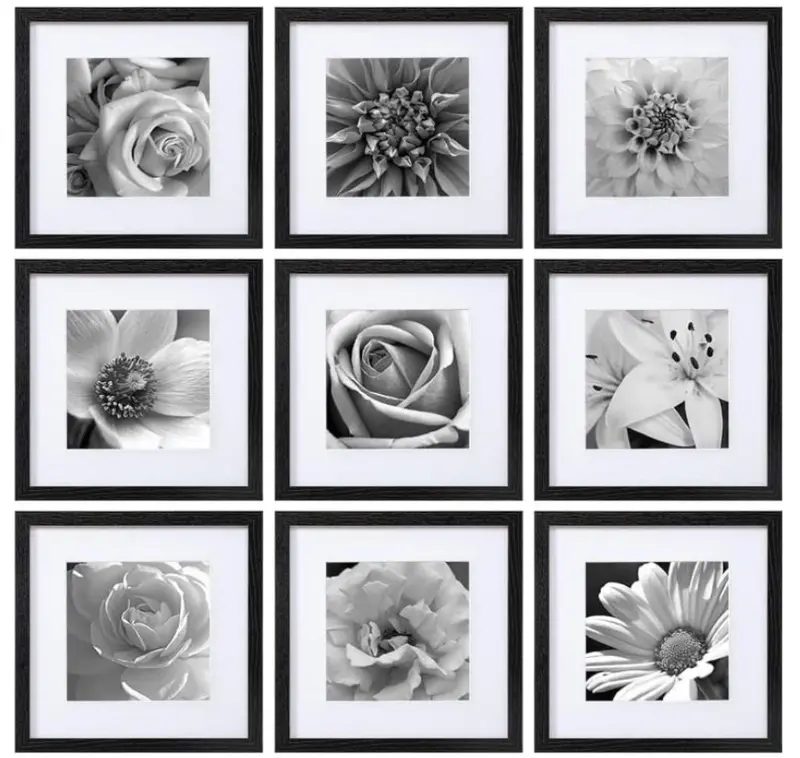 Eletecpro 12X12 Picture Frames Black Set Of 9, Wooden Square Frame Displays 8X8 With Mat And 12X12 Without Mat, Poster Frame For Wall Hanging 1