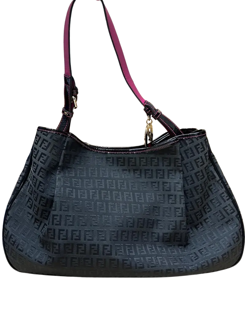 Fendi Black Zucchino Print Canvas And Patent Leather Shopper Tote 1