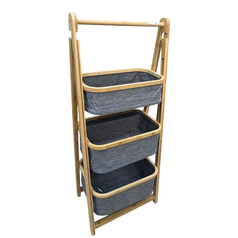 Foldable Laundry Sorter With Bamboo Rack 3 Tiered Laundry Organizer Baskets Hampers Bag Bin For Bathroom, Laundry Room, Bedroom, Nursery, Guest Room, Close 1