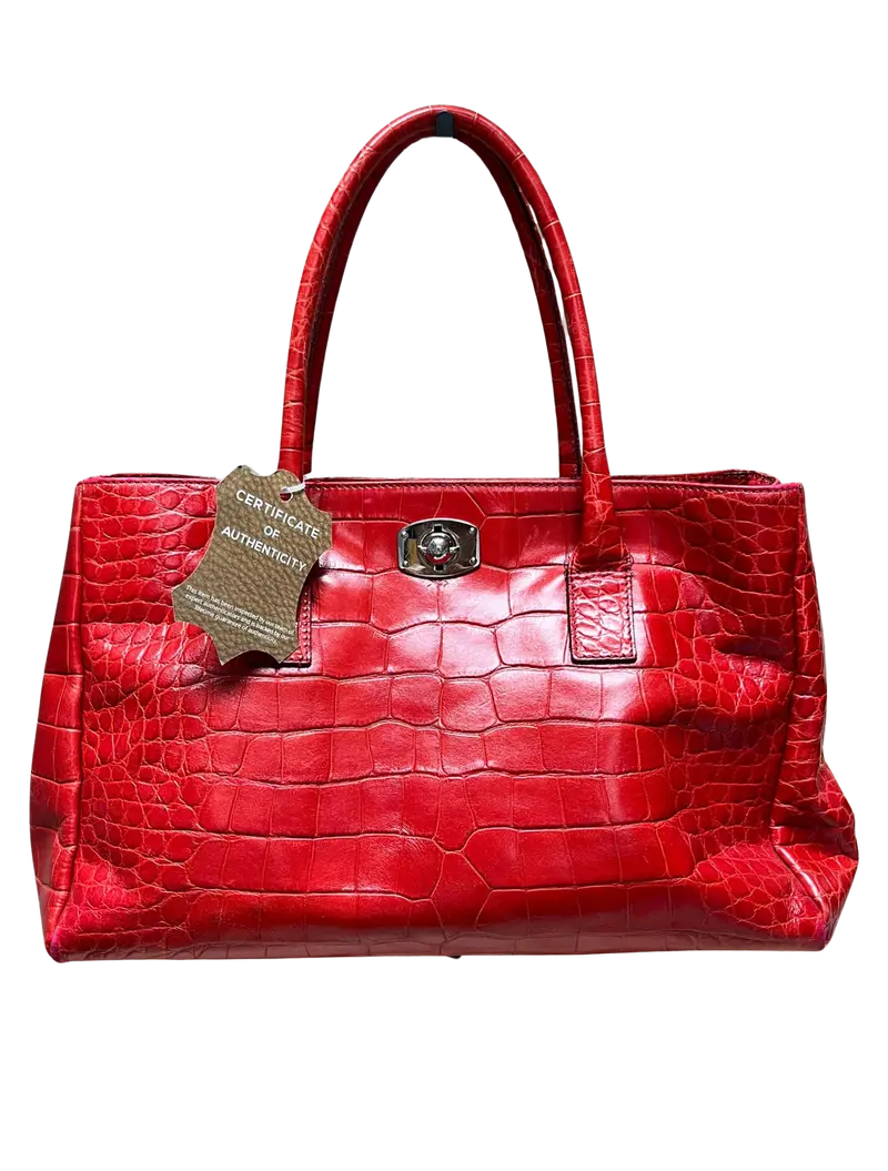 Furla Red Croc Embossed Leather Tote Bag 1