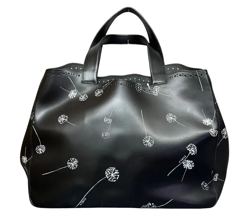 Furla Tote Bag Black Leather White Dandelion Print 1