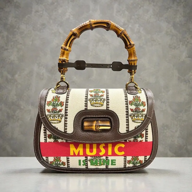Gucci 2016-2025 100Th Anniversary Medium Canvas And Leather1947 Bamboo Top Handle Bag Satchel W/ Box/2 Strap/Dustbag And Cards 1