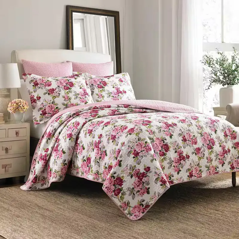 Laura Ashley Home Lidia Collection Quilt Set-100% Cotton, Reversible, Lightweight & Breathable Bedding, Pre-Washed For Added Softness, King, Pink 1