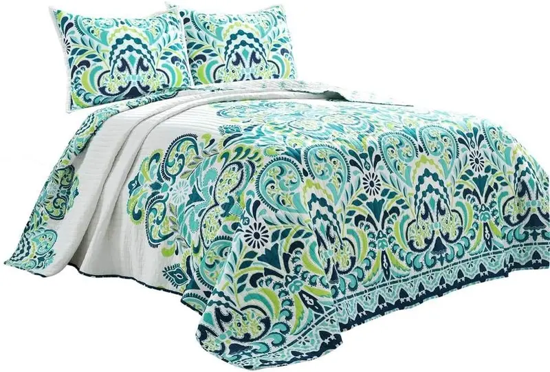 Lush Decor Clara Quilt 3 Piece Reversible Bedding Set, King, Blue & Green 1