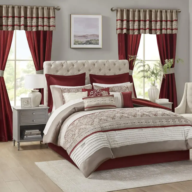 Madison Park Essentials Jelena Room In A Bag Faux Silk Comforter Classic Luxe All Season Down Alternative Bedding, Matching Bedskirt, Curtains, Decorative Pillows, Queen(90"X90"), Red, 24 Piece 1
