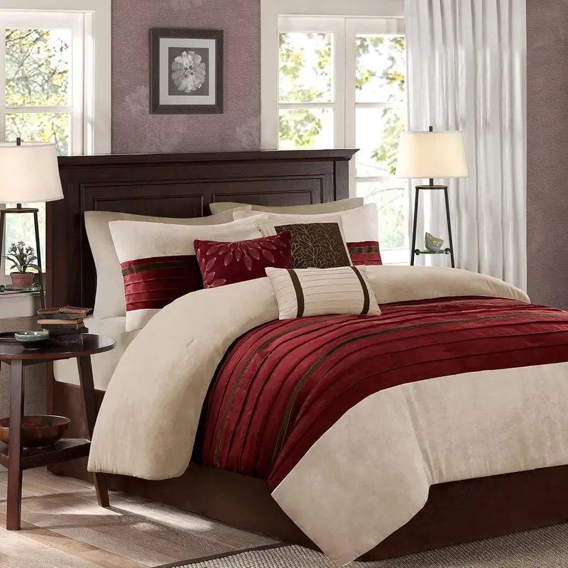 Madison Park Palmer Comforter Set-Luxury Faux Suede Design, Striped Accent, All Season Down Alternative Bedding, Matching Shams, Decorative Pillow, Bed Skirt, Queen (90 In X 90 In), Red 7 Piece 1