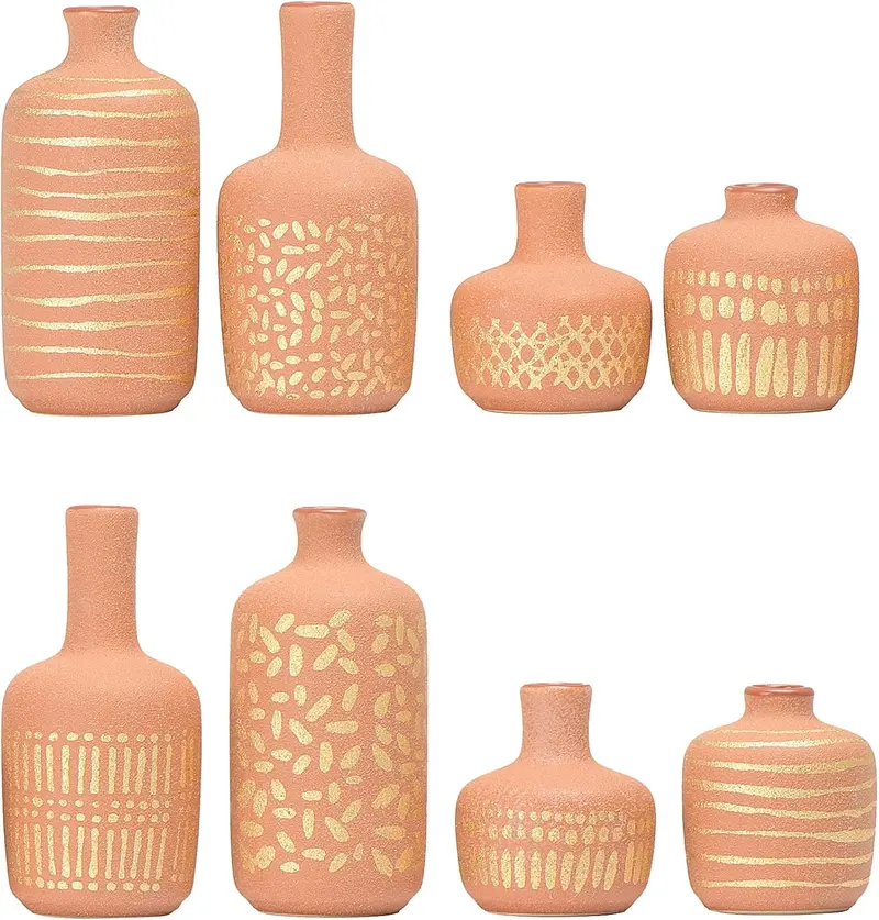 Main + Mesa Stoneware Vases With Gold Pattern, Set Of 8 1