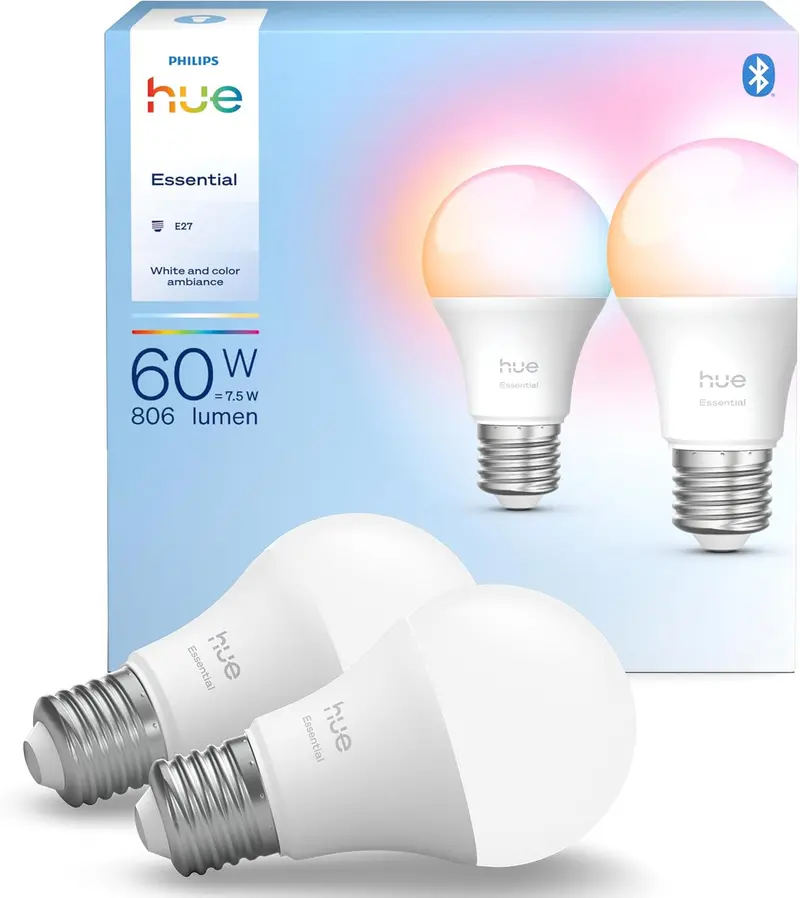Philips Hue Essential Smart Led A60 Bulb, White And Color Ambiance, E27 Base, 8W, 2200K-6500K, 806 Lumens, Dimmable, Works With Alexa, Google Assistant, And Apple Home, 2 Pack 1