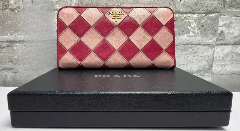 Prada Check Saffiano Leather Wallet Pink 1
