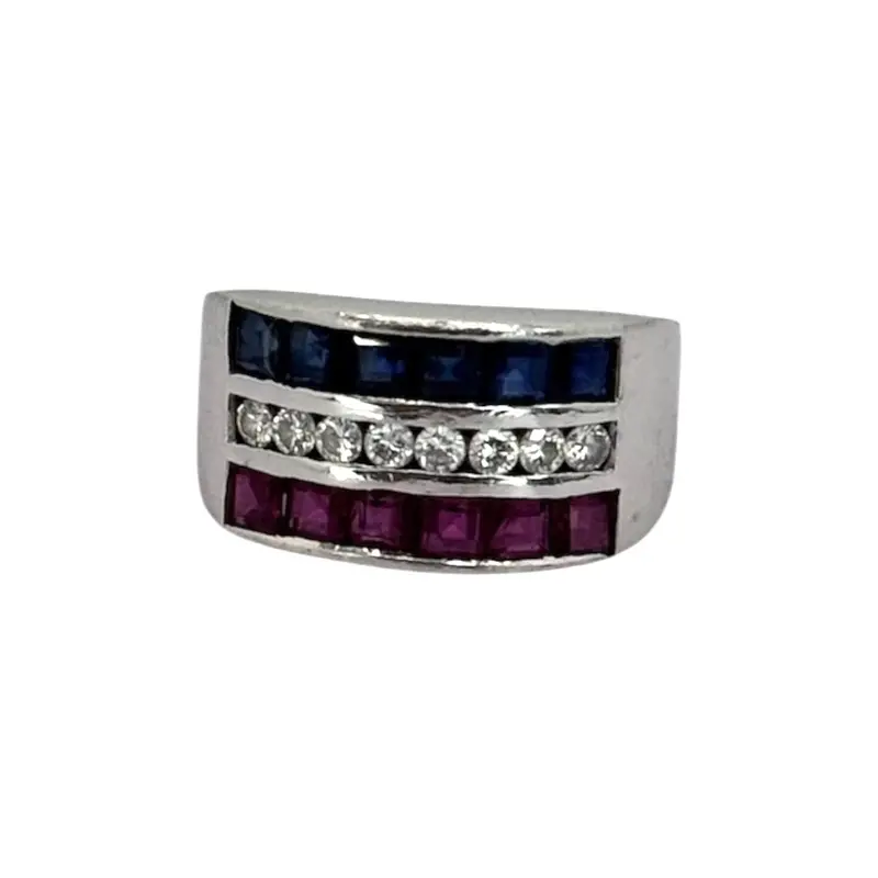 Pt900 Ruby6=0.71Cts, Blue Sappire6=0.73Cts And Diamond8=0.19Cts Ring W/Cert 1