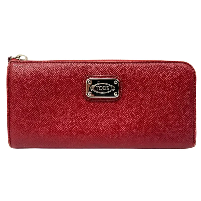 Tod's Wallet Long Red Leather Embossed L Zipper Box 1