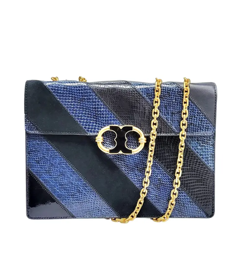 Tory Burch Navy/Black Snakeskin Embossed Leather And Suede Medium Gemini Link Shoulder Bag 1